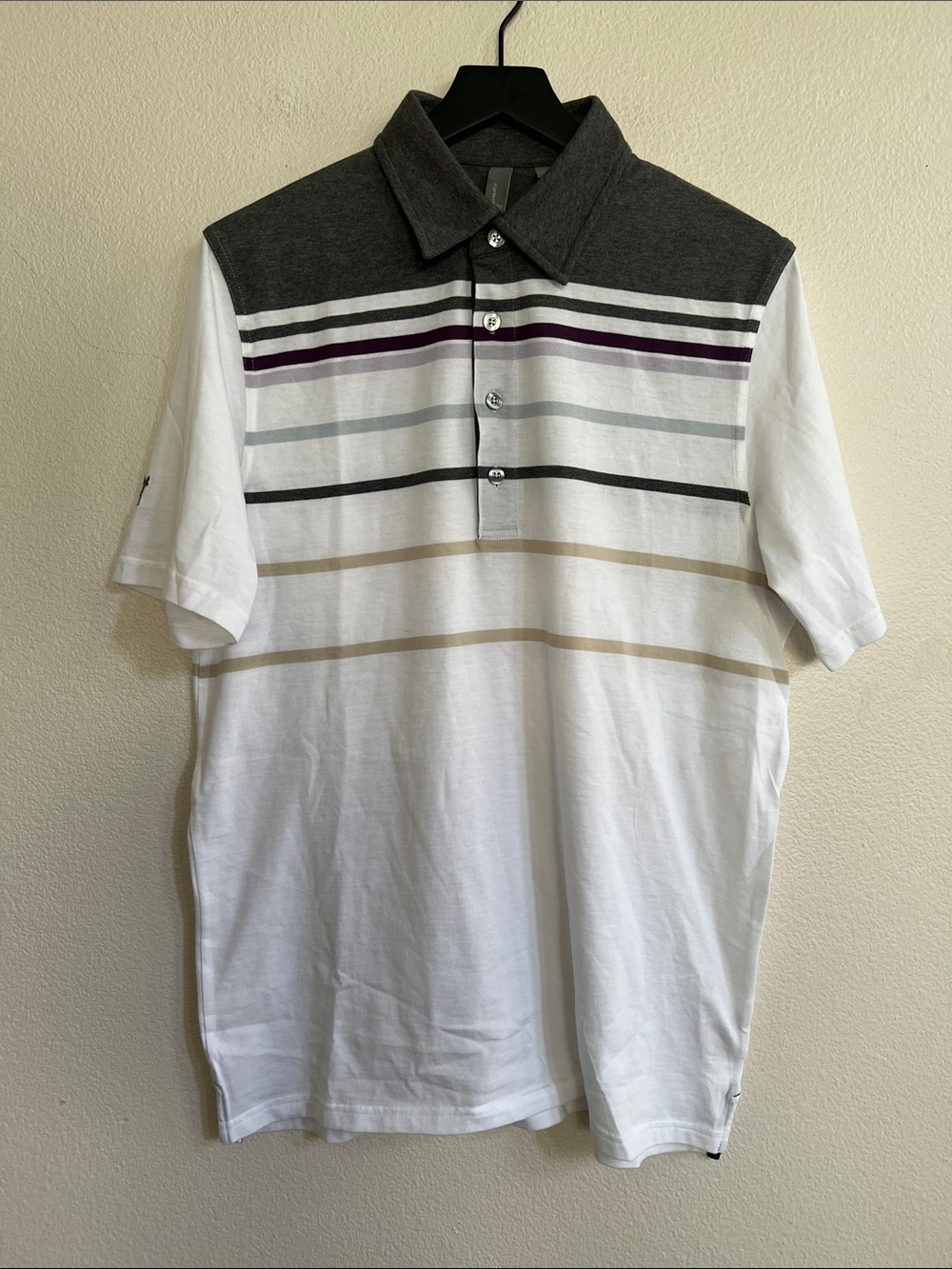ASHWORTH Performance Golf Polo Shirt Cotton Blend White Grey Collar Striped M